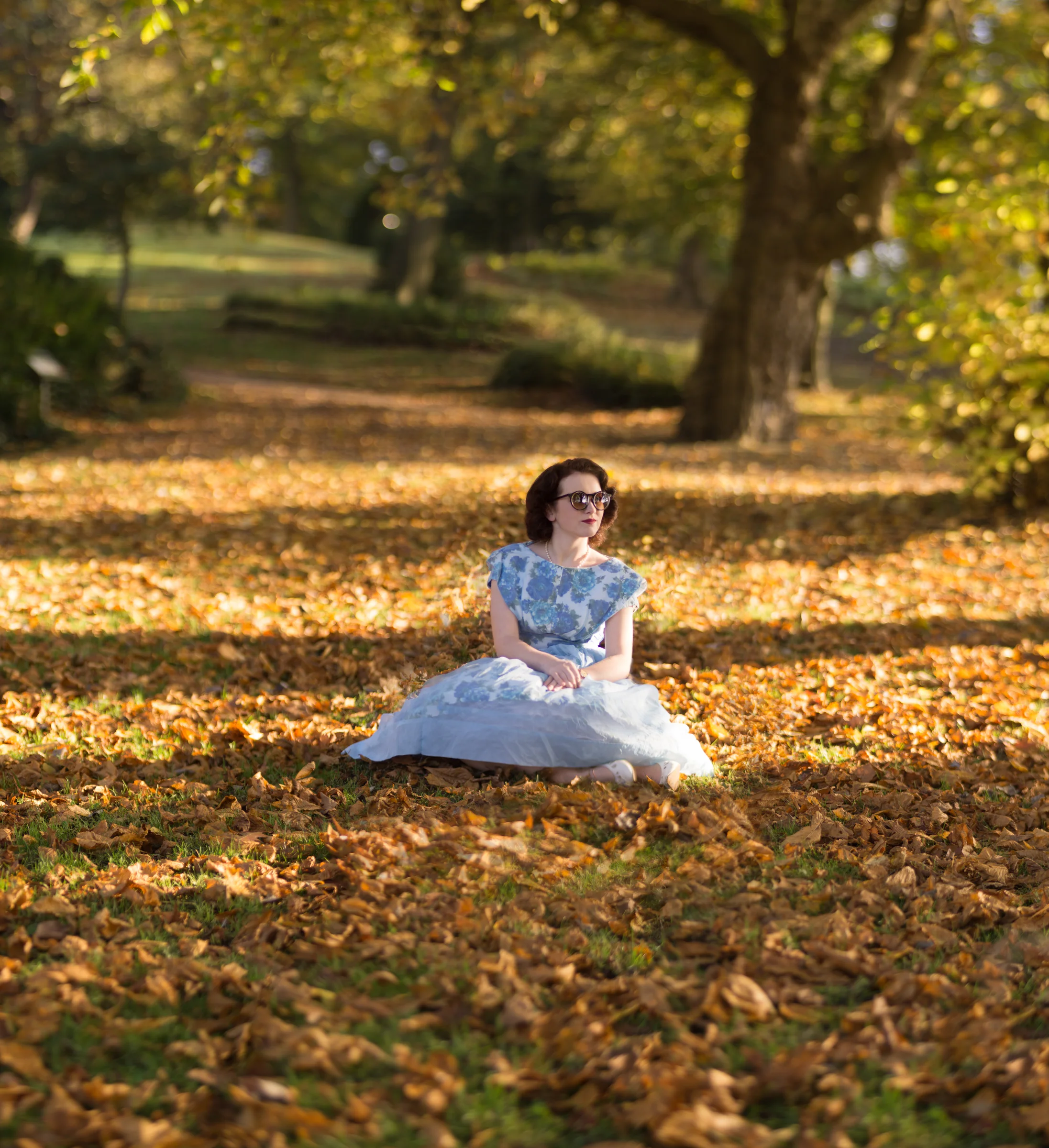 Autumn park portrait seated woman