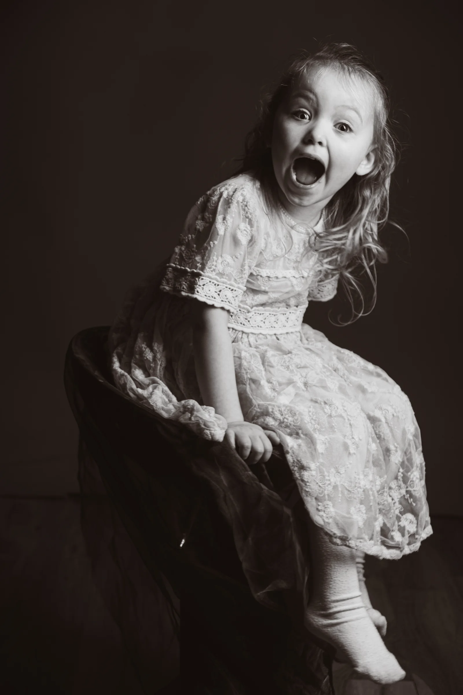 Black and white child portrait textured dress