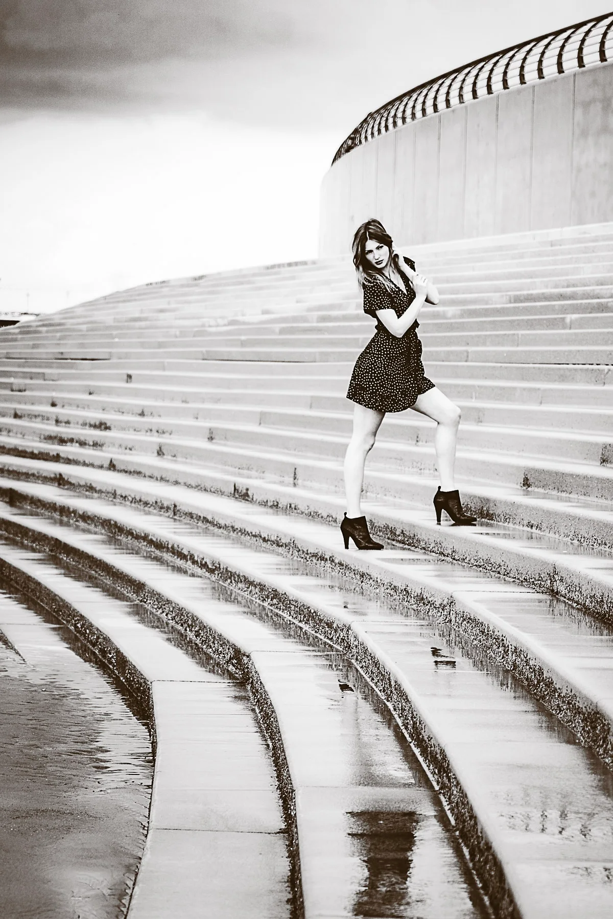 Monochrome portrait curved concrete steps