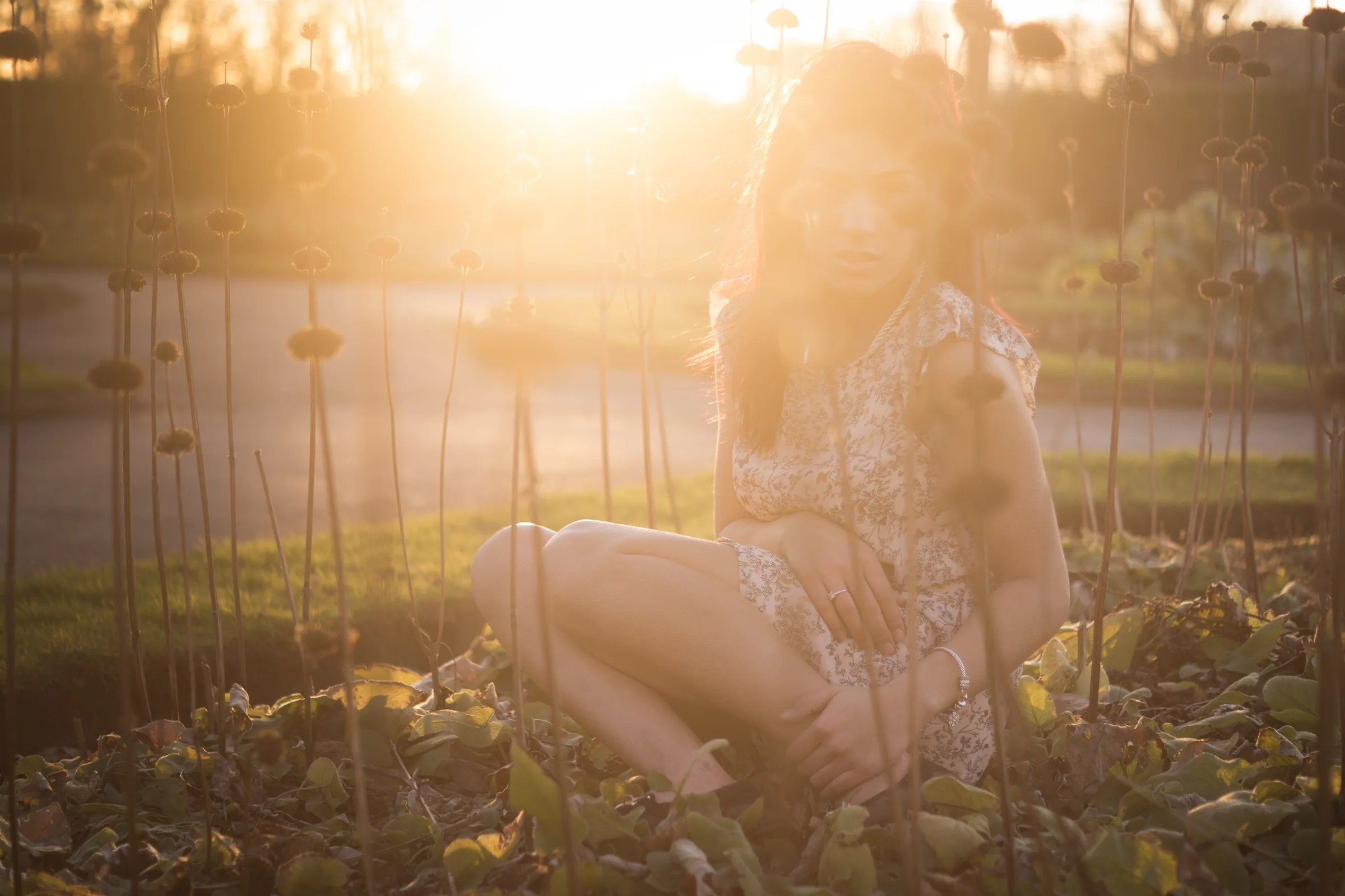 Woman seated in a sunlit meadow portrait